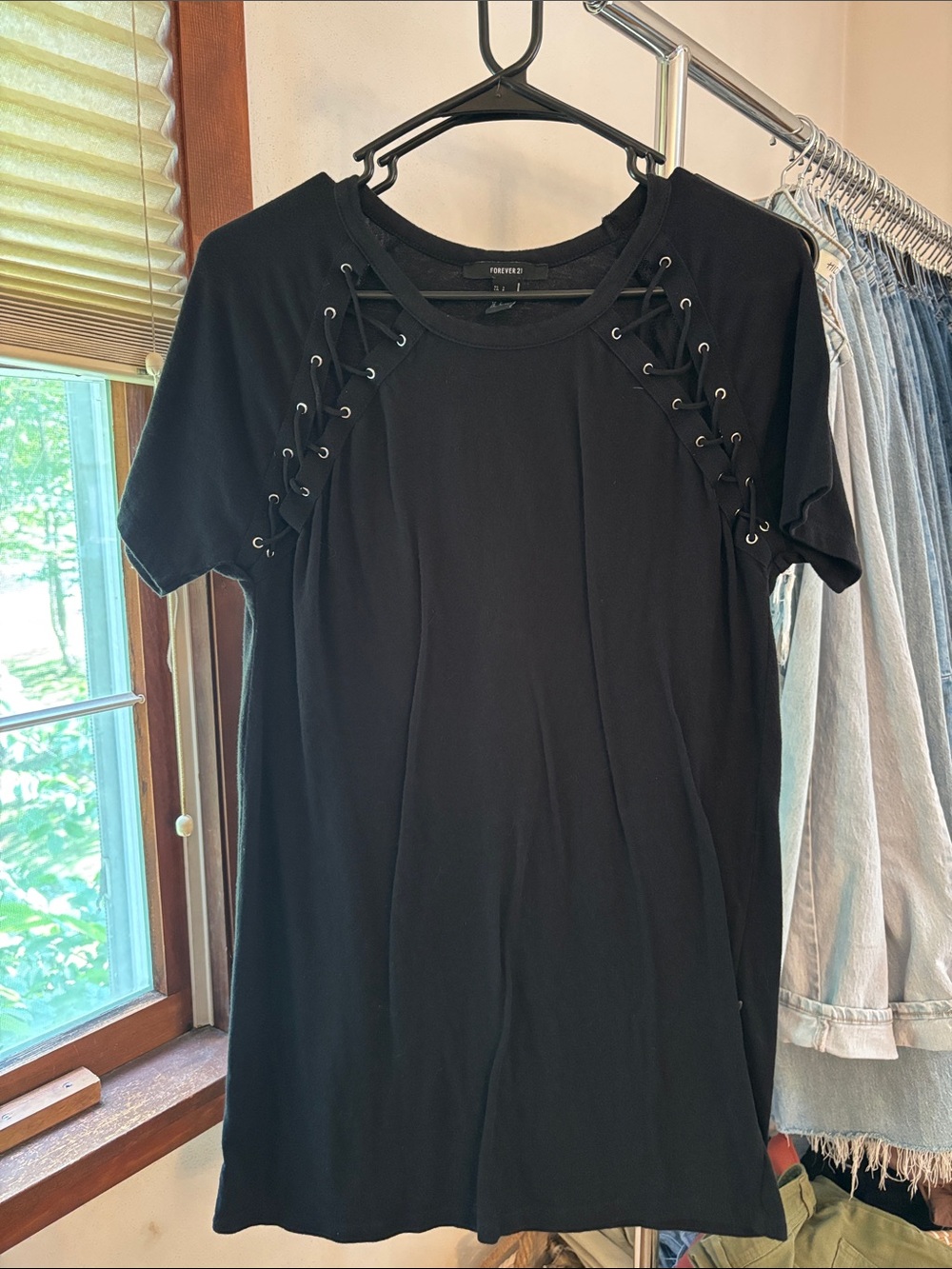 Forever 21 Black Short Sleeve Lace-Up Eyelet T shirt Dress